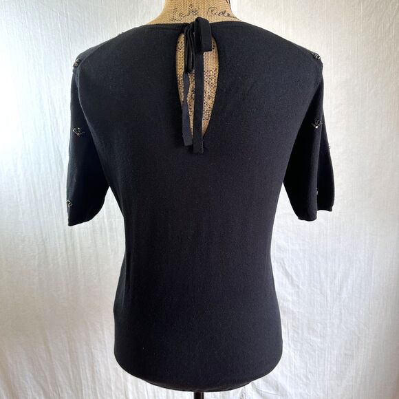 P.A.R.O.S.H. Women Black Rhinestone Front Short Sleeve Cotton Sweater Sz M Italy - Picture 4 of 10